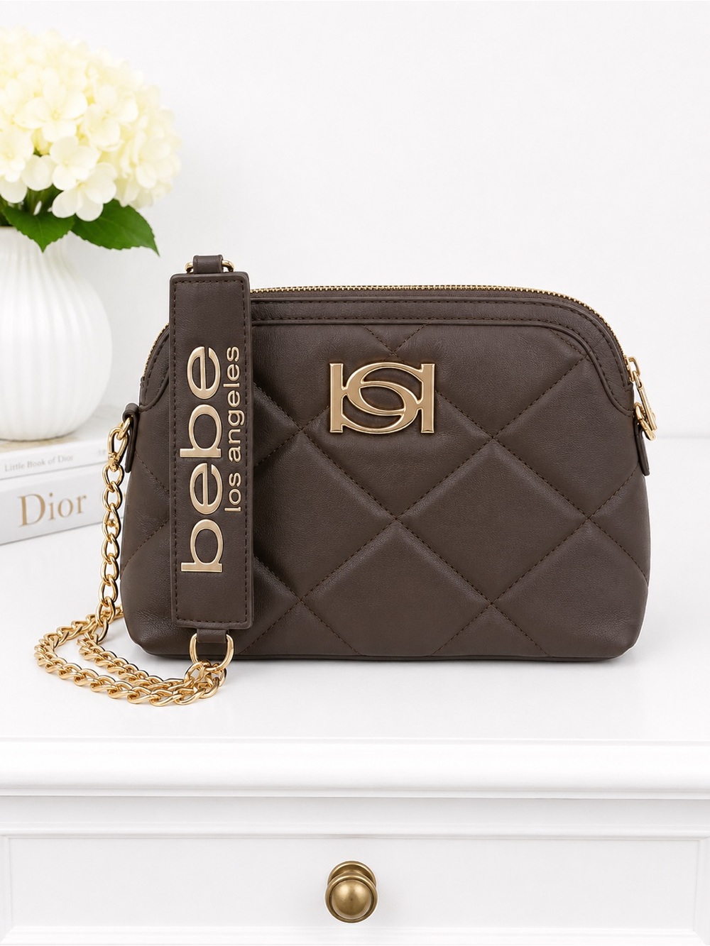 bebe Quilted Crossbody Bag in Brown with Gold Hardware